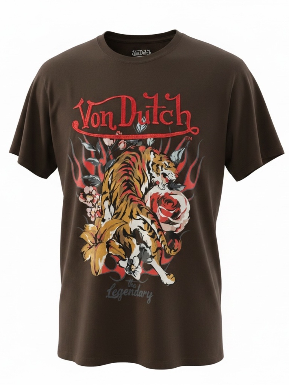 Von Dutch Tiger Graphic Tee Brown Embroidered Logo Size Medium Y2K Streetwear